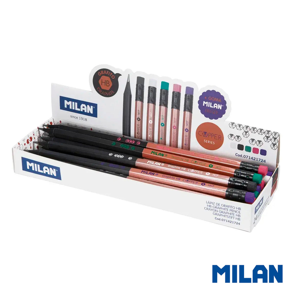 Lápices Grafito HB Hexagonales con Goma Copper Milan – Caja 24 Unidades
