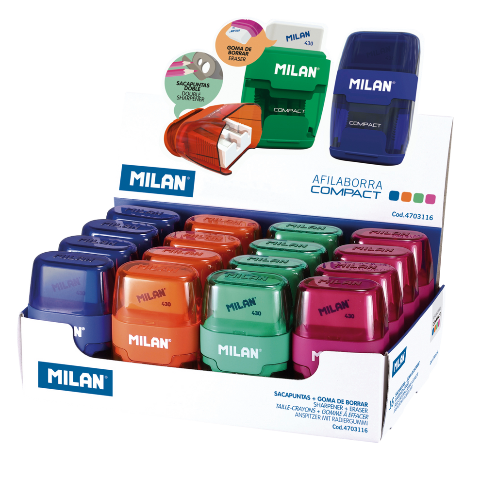 Caja de 16 Unid. de Sacapuntas + Goma Compact, Milán