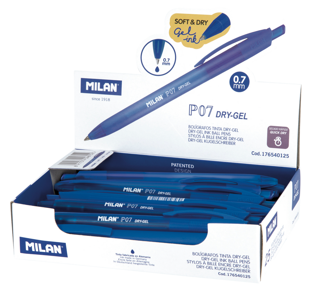 Caja de 25 Unid. Bolígrafo Dry Gel 0.7 mm, Color Azul, Milán