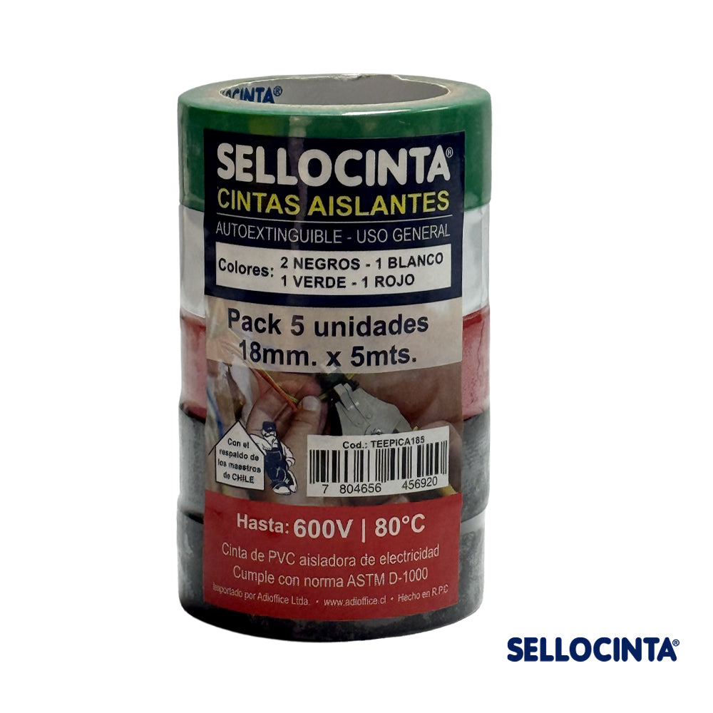 10 Pack de 5 Cintas Aislante de electricidad de colores 18mm x 5mts.