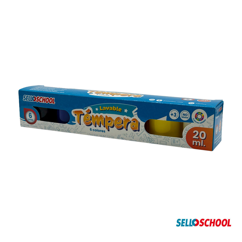 Témpera Escolar 6 Colores de 20 ml Selloschool – Caja 12 Sets