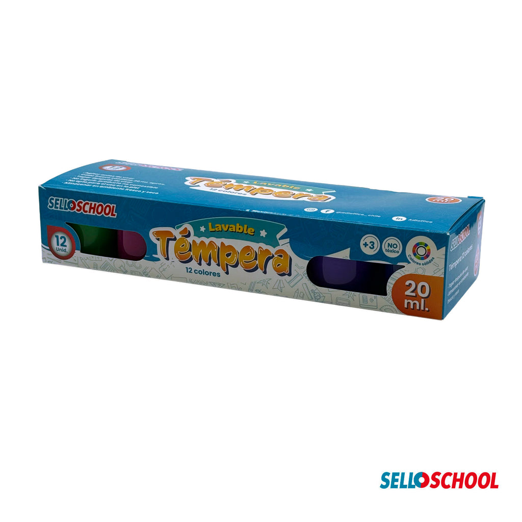Témpera Escolar 12 Colores de 20 ml Selloschool – Caja 6 Sets